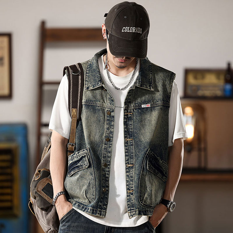 春秋季男士牛仔马甲复古大码马夹男坎肩工装大口袋男士网红马甲