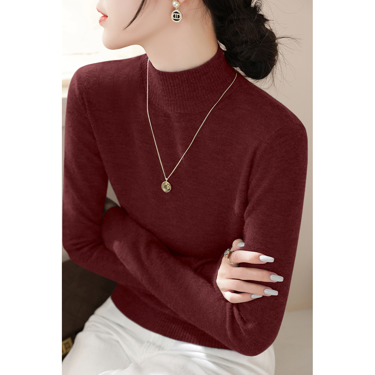 安可拉红冬季新款长袖针织衫女装纯色内搭打底上衣修身半高领毛衣