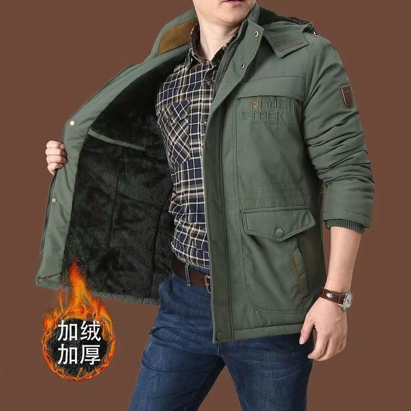 加绒加厚棉衣男冬季宽松休闲外套中老年多口袋棉袄抗寒中长款棉服