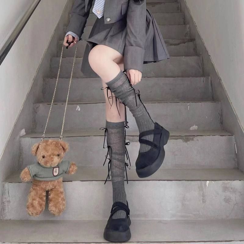 芭蕾风袜子绑带蝴蝶结过膝透气袜女甜美春夏款学院风jk小腿堆堆袜