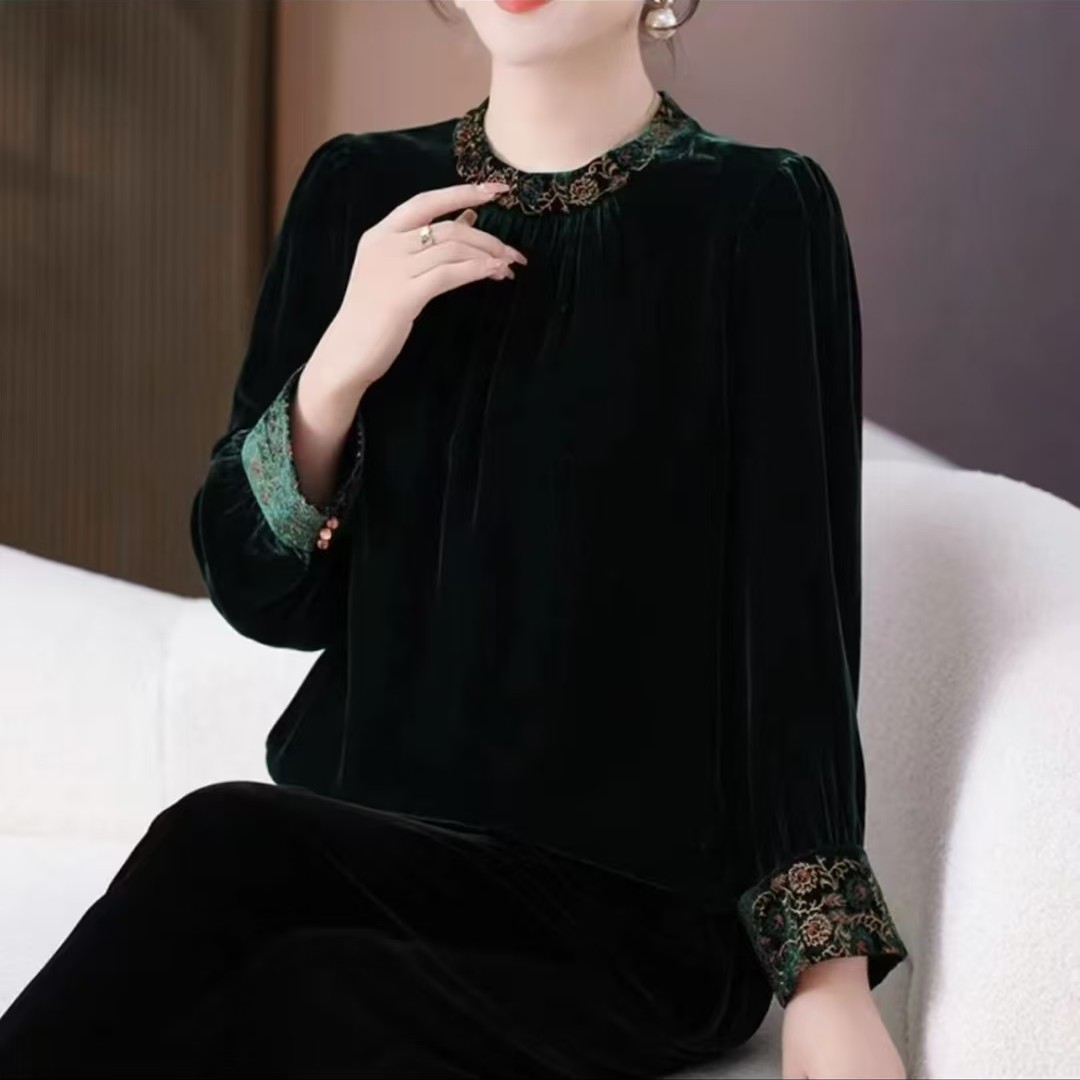JR8867丝绒立领气质百搭新中式洋气打底妈妈女装小衫（刺绣领）
