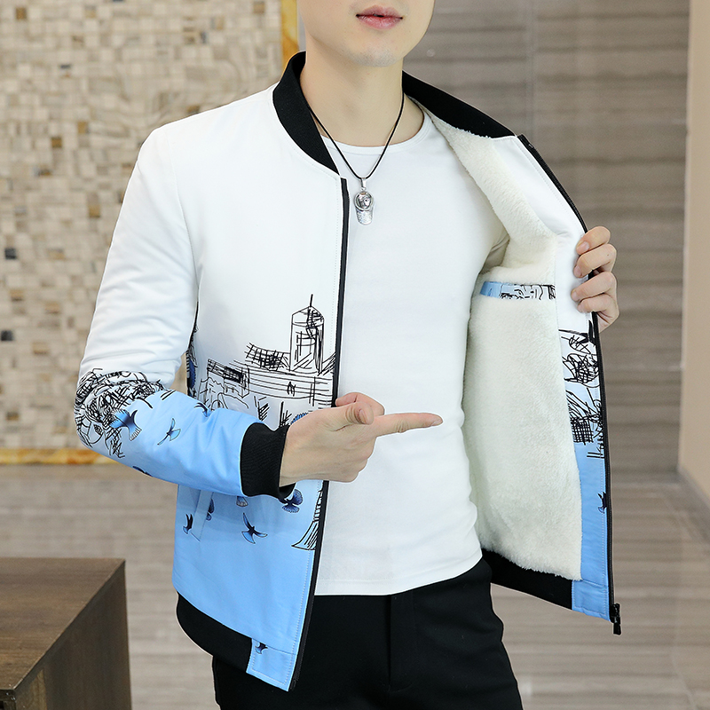 男士外套秋冬韩版修身加绒立领夹克男秋装个性潮男冬装加厚棉衣服