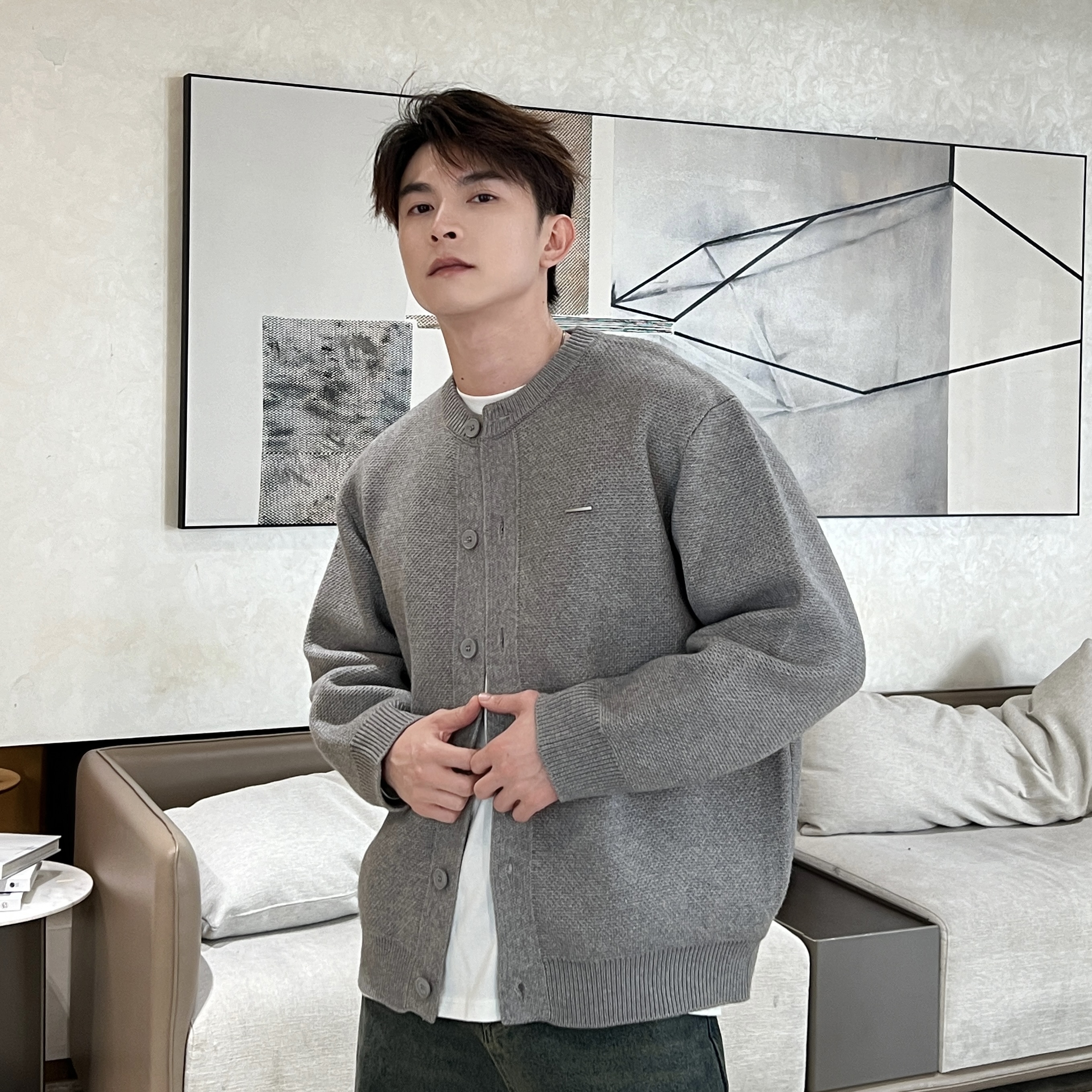 YG/788秋季针织开衫男士韩系休闲简约百搭情侣圆领毛衣外套