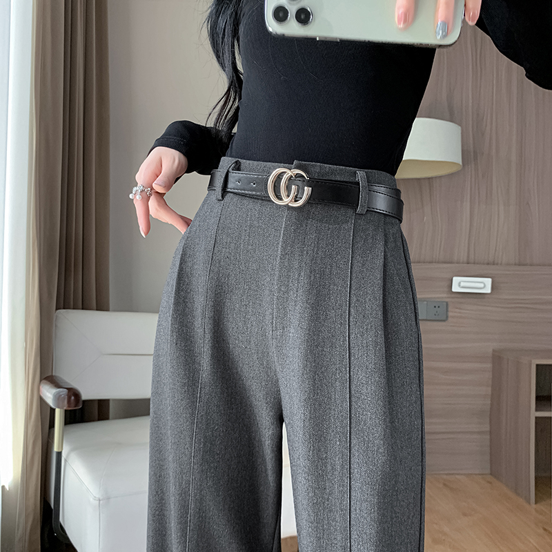 天丝绵羊毛阔腿裤女秋冬高腰垂感拖地宽松休闲长裤窄版灰色西裤