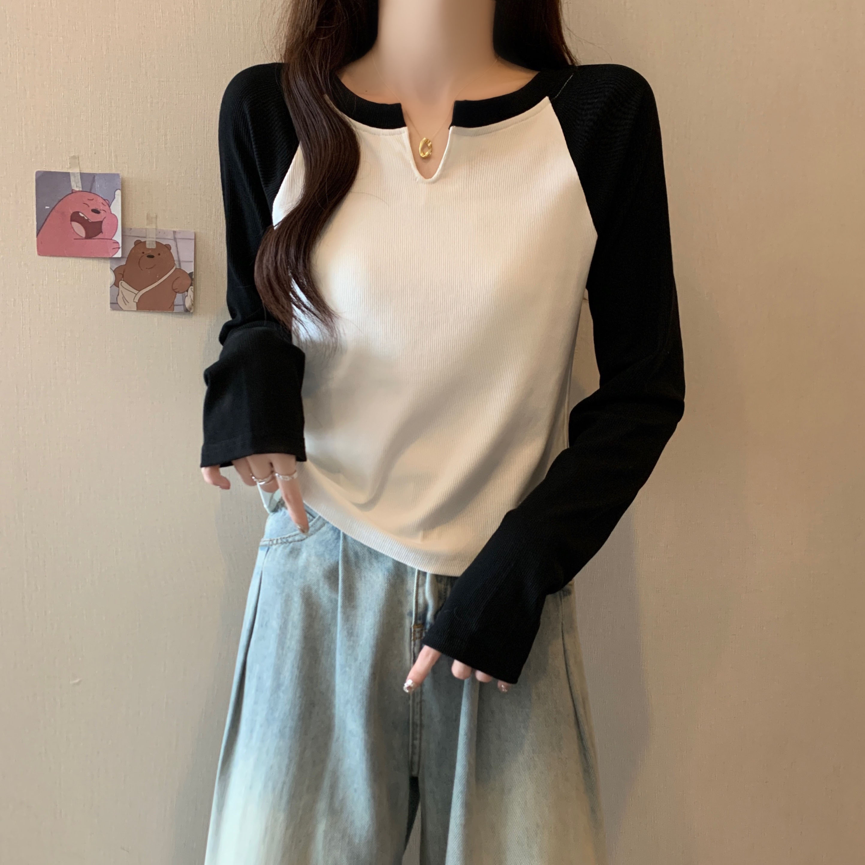 yoewshean/羽媗微胖妹妹长袖t恤女装拼色修身打底衫内搭高腰上衣