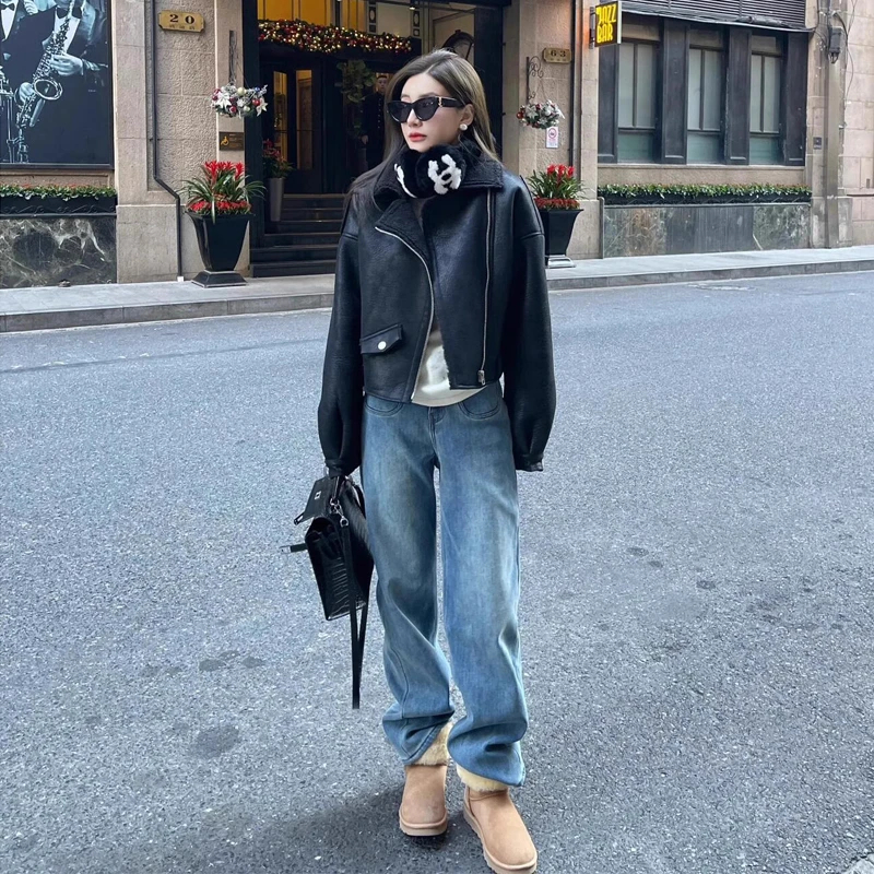 2025秋季高级感拉链设计感挡风保暖皮衣外套女时尚高腰水洗阔腿裤