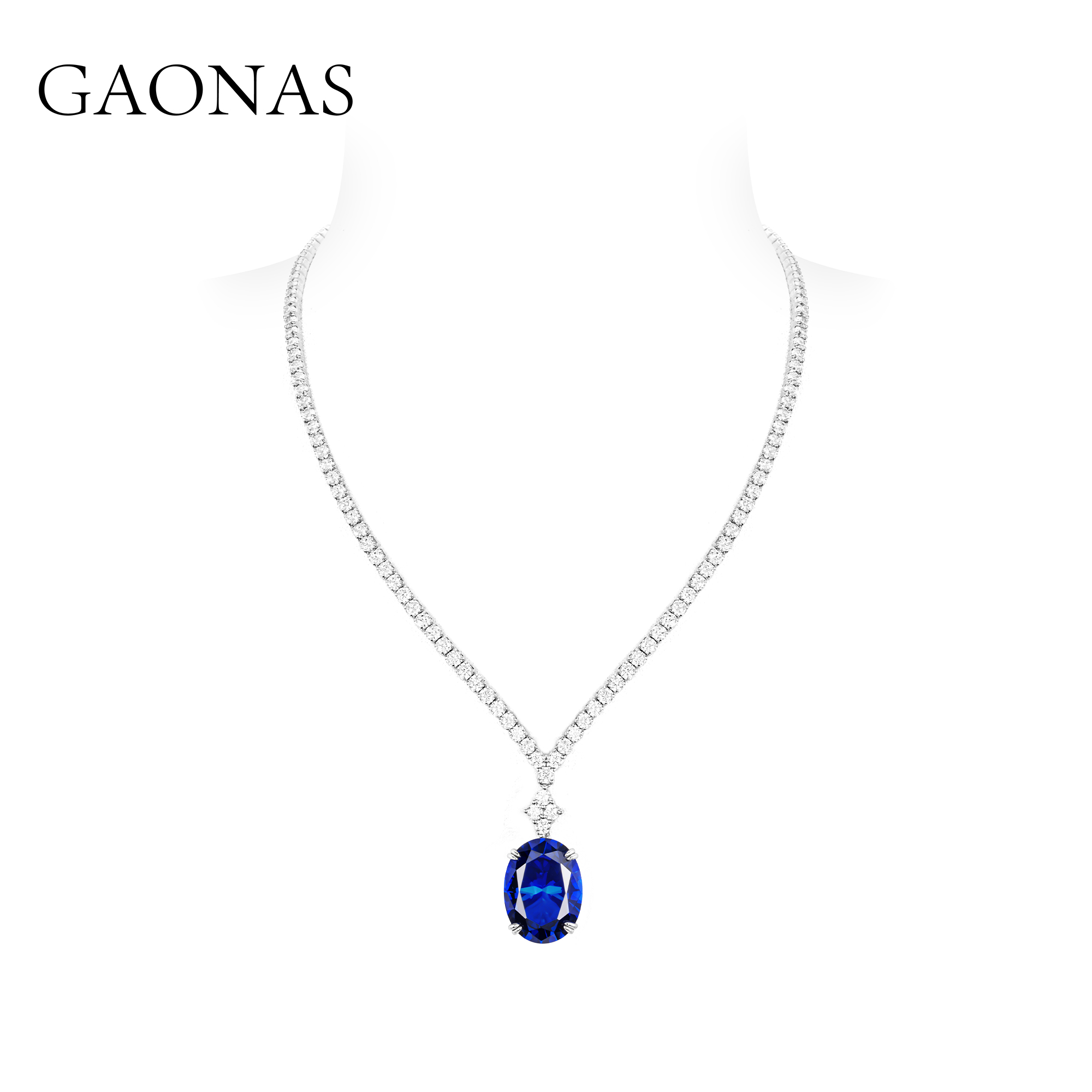 GAONAS 坠链均925银合成锆石 蓝色经典蛋形贵气奢华项链  11008XB