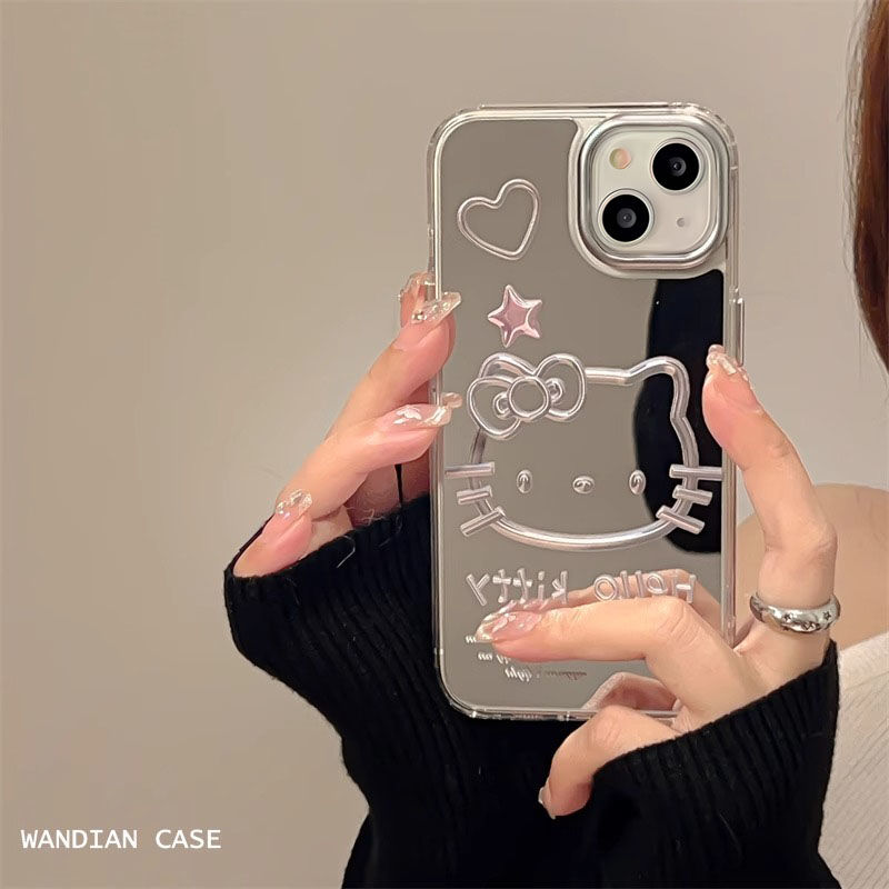 适用iphone15pro max手机壳镜面kt猫苹果14pro自带补妆镜13/12/11