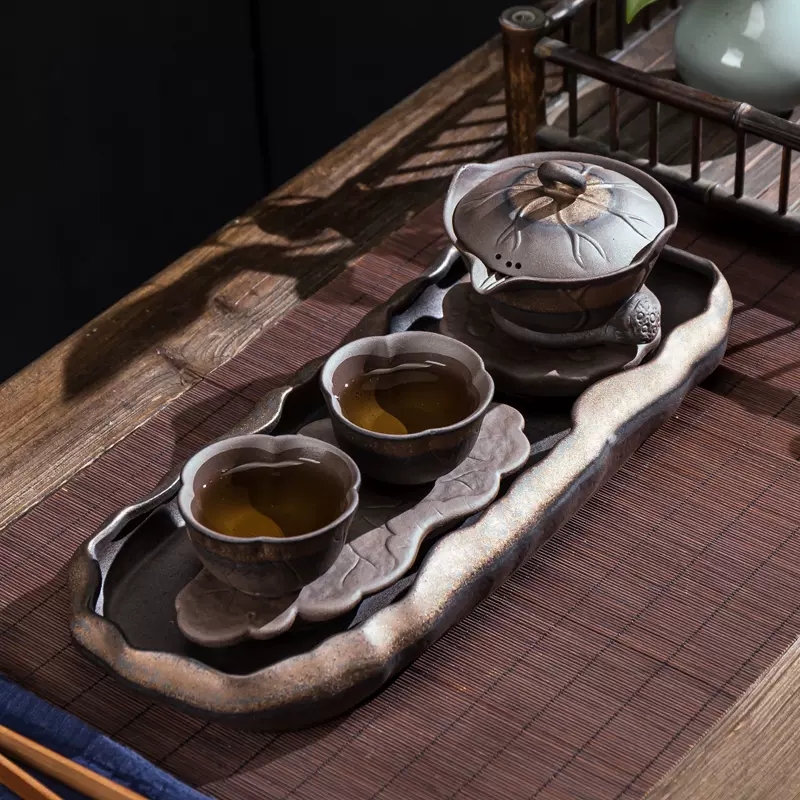 日式鎏金粗陶功夫茶具家用复古一壶两杯茶壶茶杯家用茶盘礼盒
