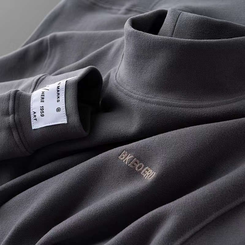 半高领双面德绒打底衫2024年秋季款男士长袖T恤刺绣内搭保暖上衣