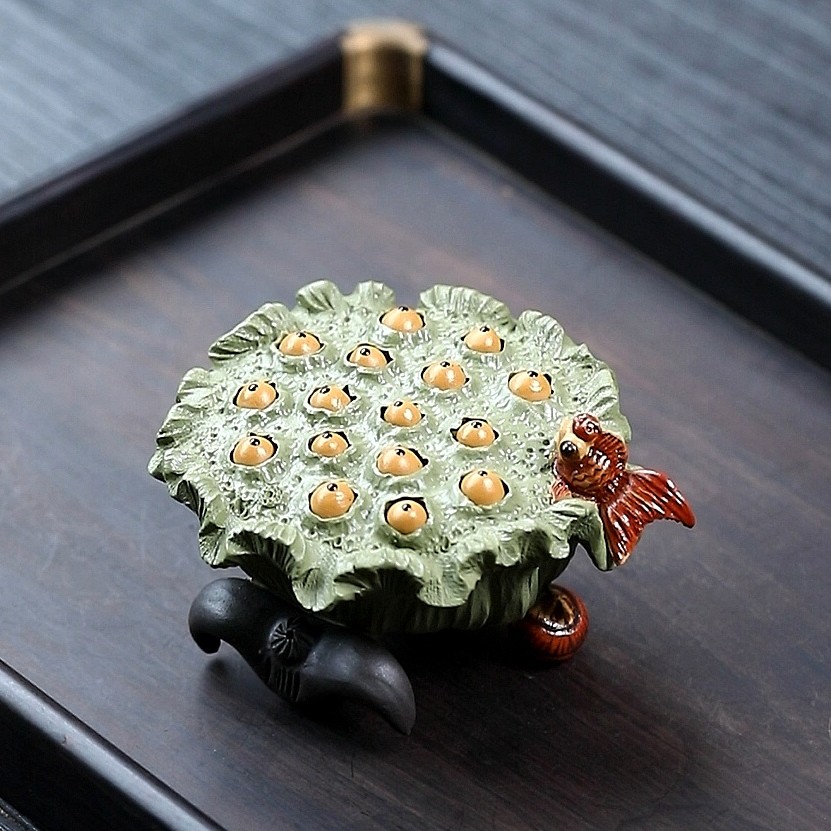 紫砂创意喷水茶宠纯手工精品摆件茶具茶壶盖托盖置莲莲有鱼茶宠