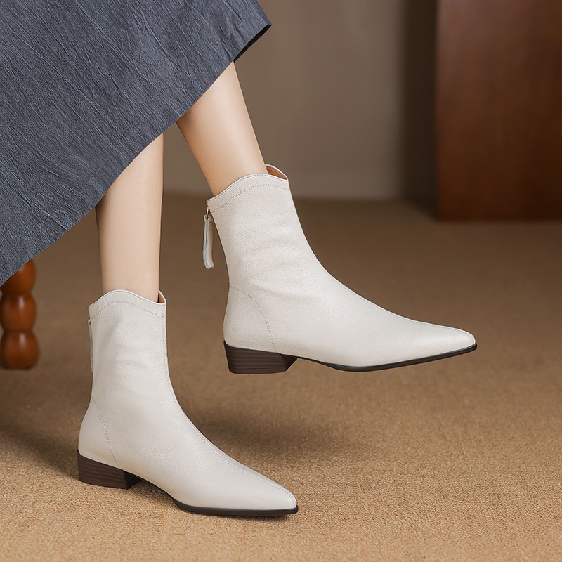 头层软牛皮~3cm法式尖头低跟短靴女2024新款平底真皮瘦瘦踝靴单靴