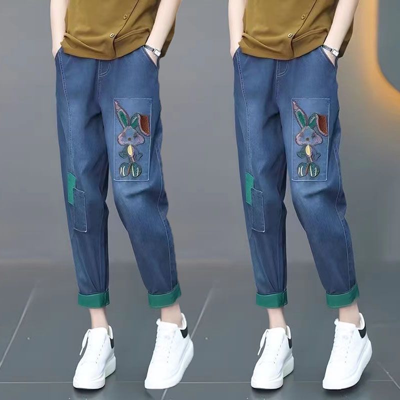 大码哈伦牛仔裤女2023年新款薄款裤子春秋萝卜裤小个子绣花九分裤