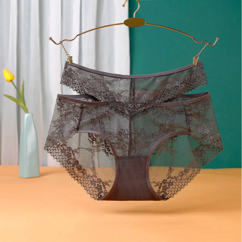 高档中高腰女士内裤蕾丝性感网纱无痕大码时尚镂空薄款舒适三角裤