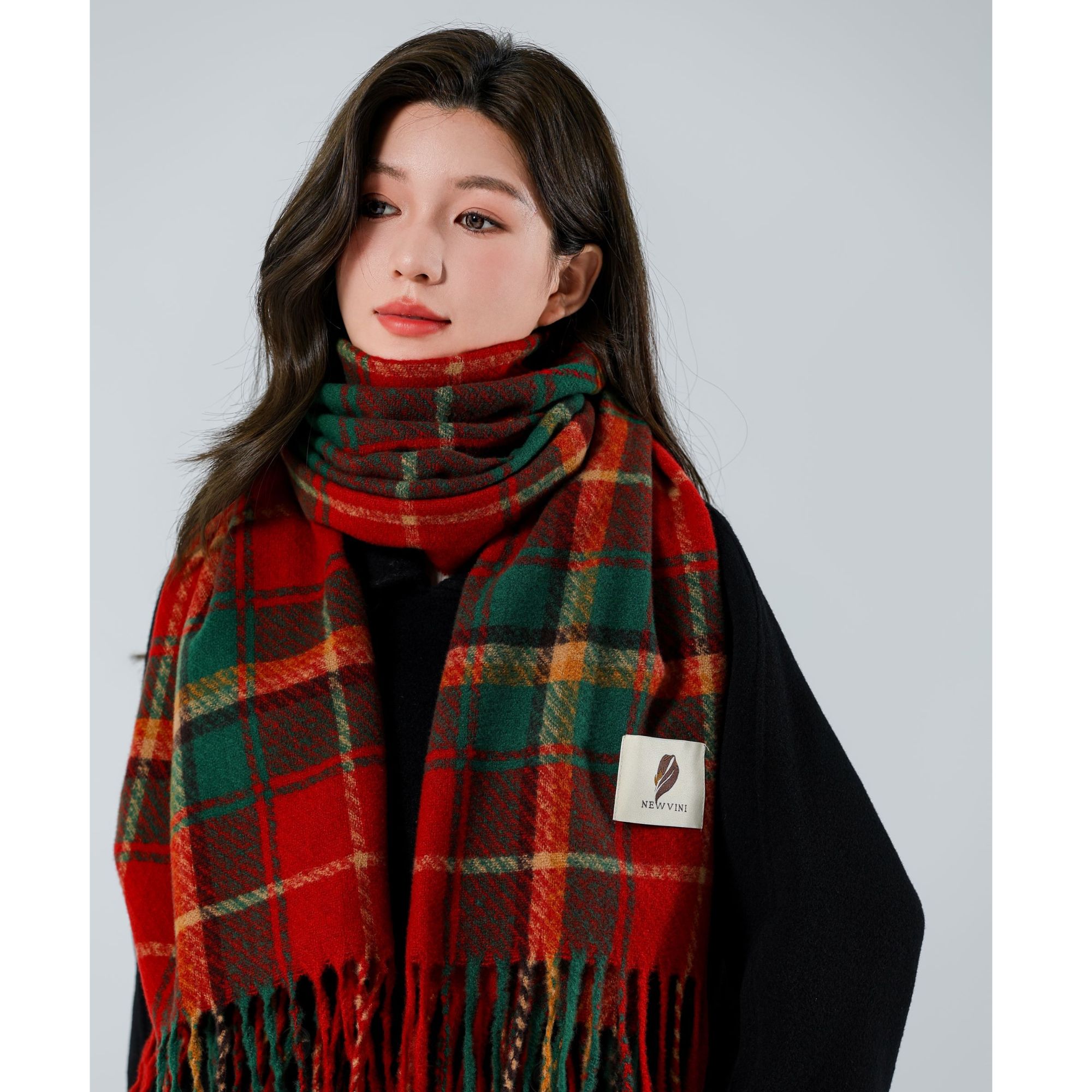 纽维尼新款红色流苏格子围巾雅丹风冬季圣诞学生爆款保暖百搭披肩