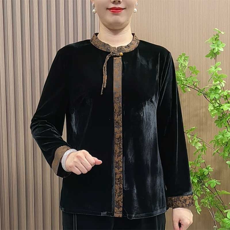 妈妈装秋装新款高档金丝绒衬衫中老年女装秋冬大码宽松立领开衫