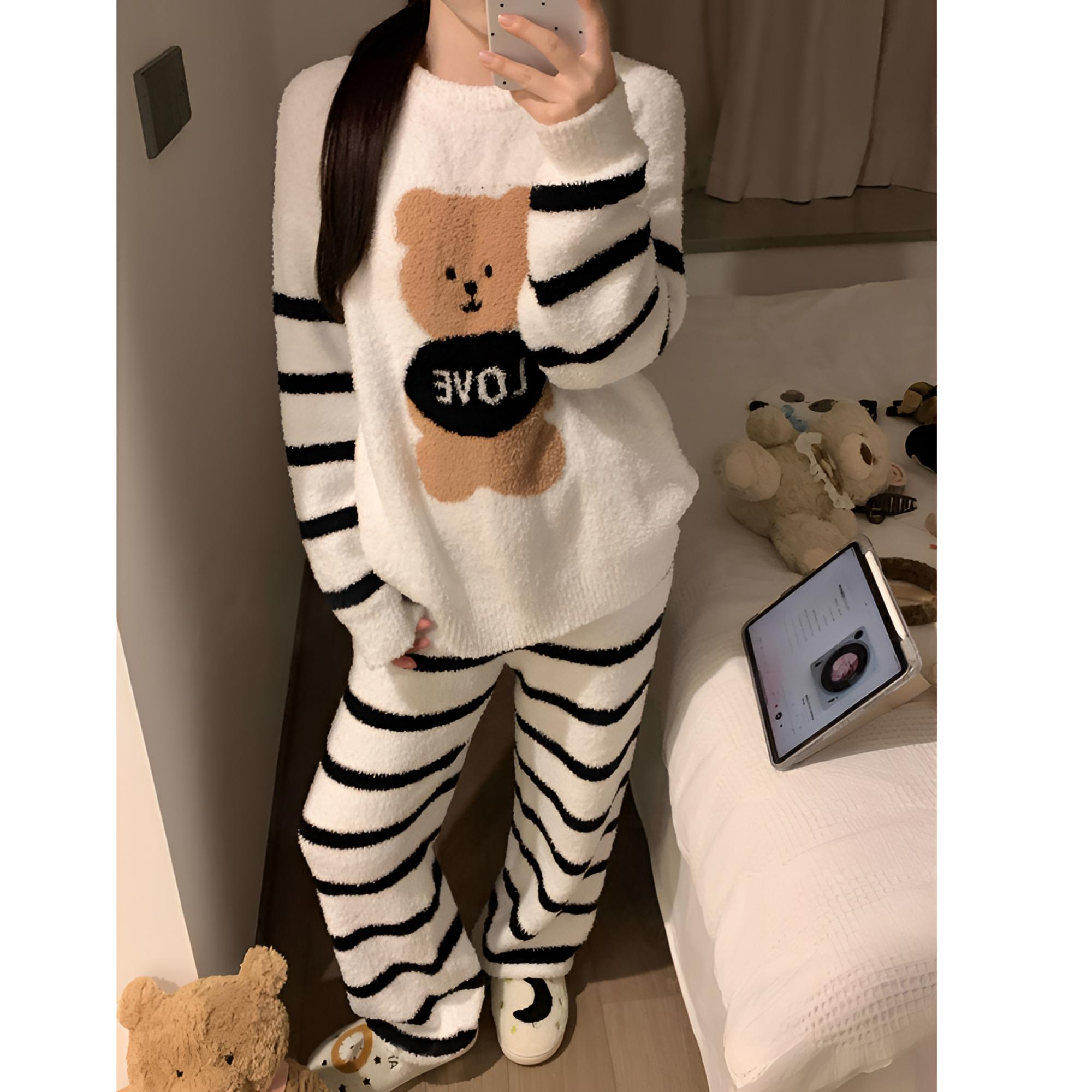 秋冬软绵绵半边绒条纹可爱小熊图案新款睡衣女款家居服套装慵懒风