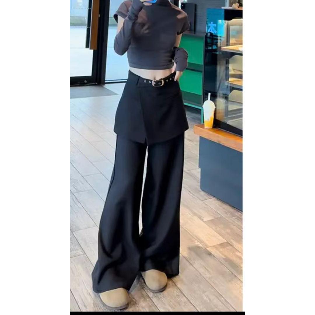 2025春秋新款假两件屁帘西装裤裙设计感显瘦宽松阔腿休闲长裤女