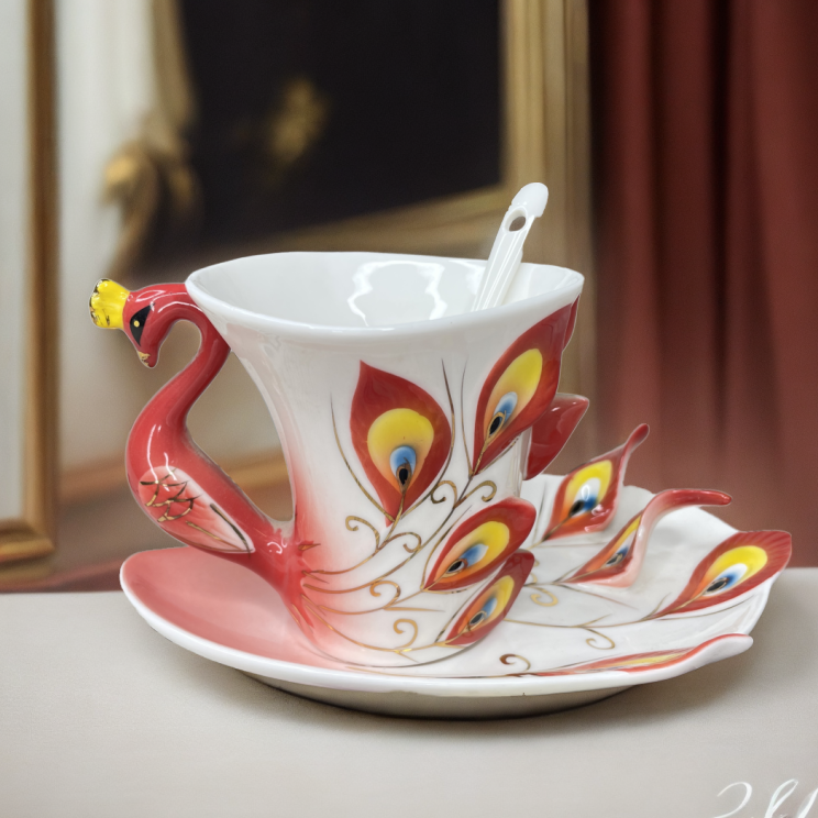 家用陶瓷中式创意红色孔雀珐琅瓷手工釉下彩个性红茶杯杯碟