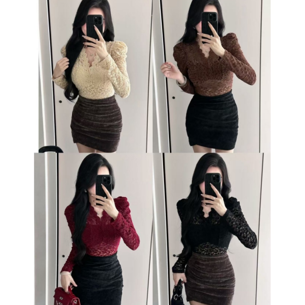 【辛西娅私服专属】蕾丝植绒微透小衫2024年秋冬新款洋气小心机长袖