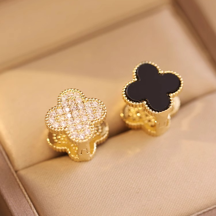 925银针耳环 气质双面四叶花耳环女小众设计感耳钉精致耳饰2024年