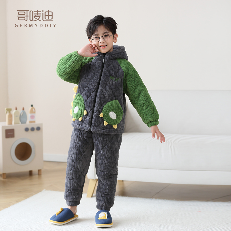 【防寒】儿童冬季三层夹棉小恐龙珊瑚绒法兰绒保暖加绒加厚睡衣套装