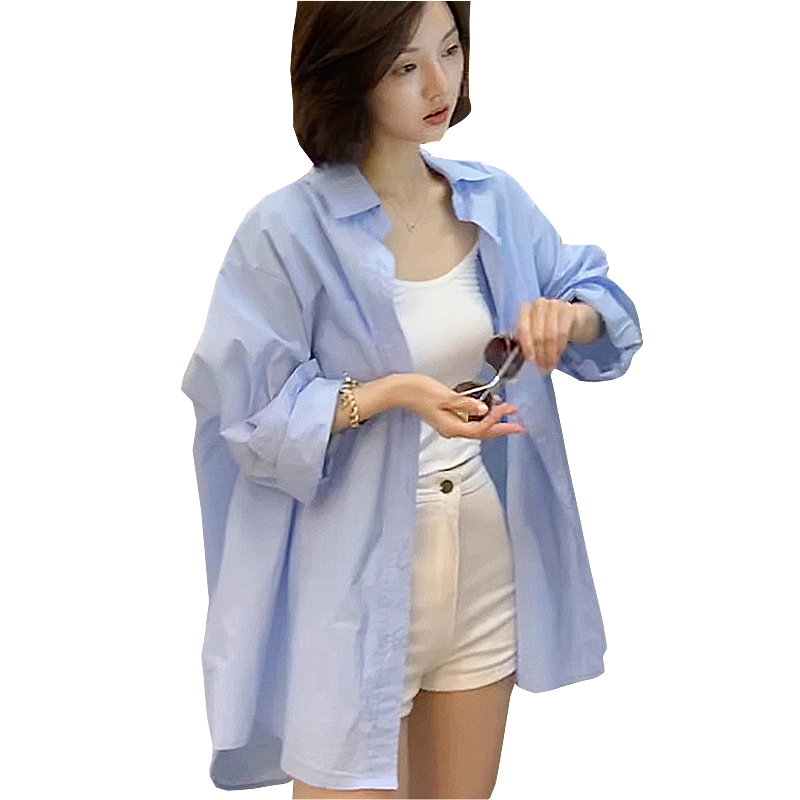 蓝色衬衫女中长款设计感小众百搭上衣宽松休闲慵懒风时尚衬衣外套