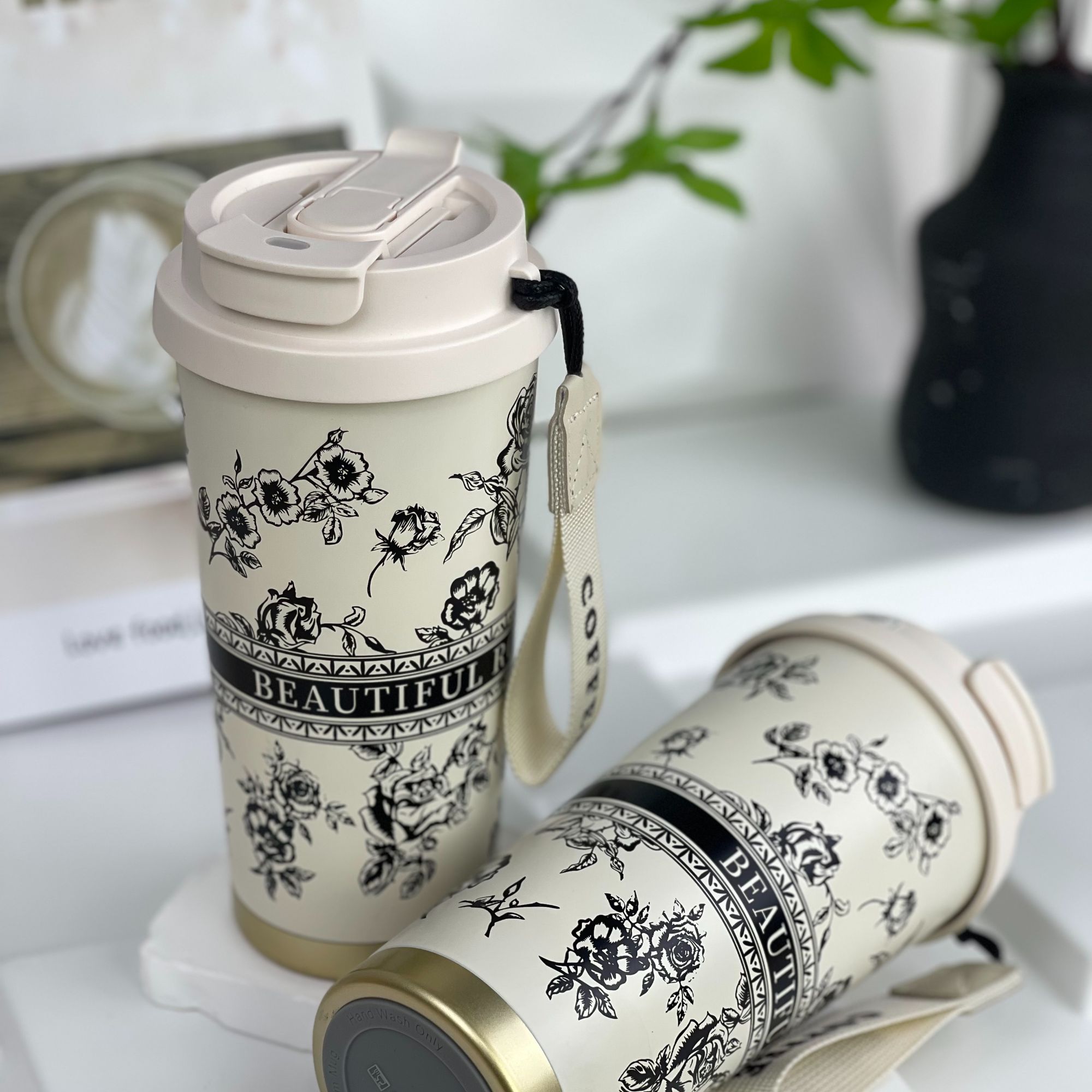 新款情侣玫瑰咖啡杯316内胆双饮杯大容量带盖超大保温保冰咖啡杯T