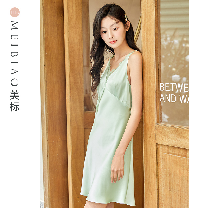 美标重磅19姆米100%桑蚕丝吊带睡裙女可外穿纯色女士家居服100102