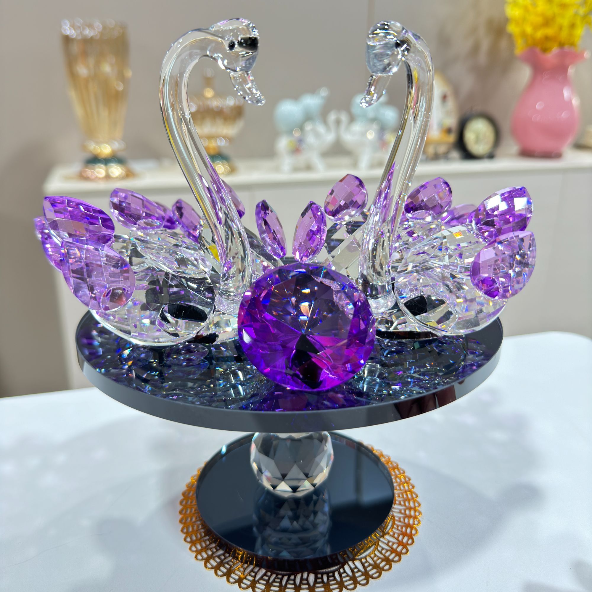 紫水晶玻璃旋转天鹅摆件轻奢电视柜酒柜装饰品乔迁新居送礼