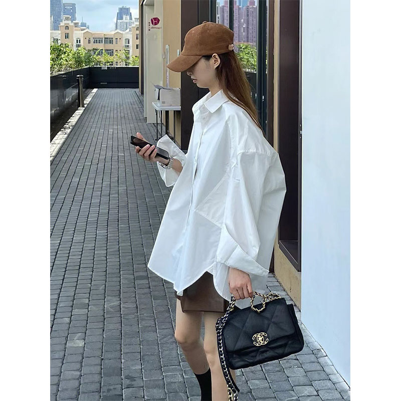 港风oversize白色衬衫女中长韩版宽松长袖上衣不规则外搭防晒衬衣