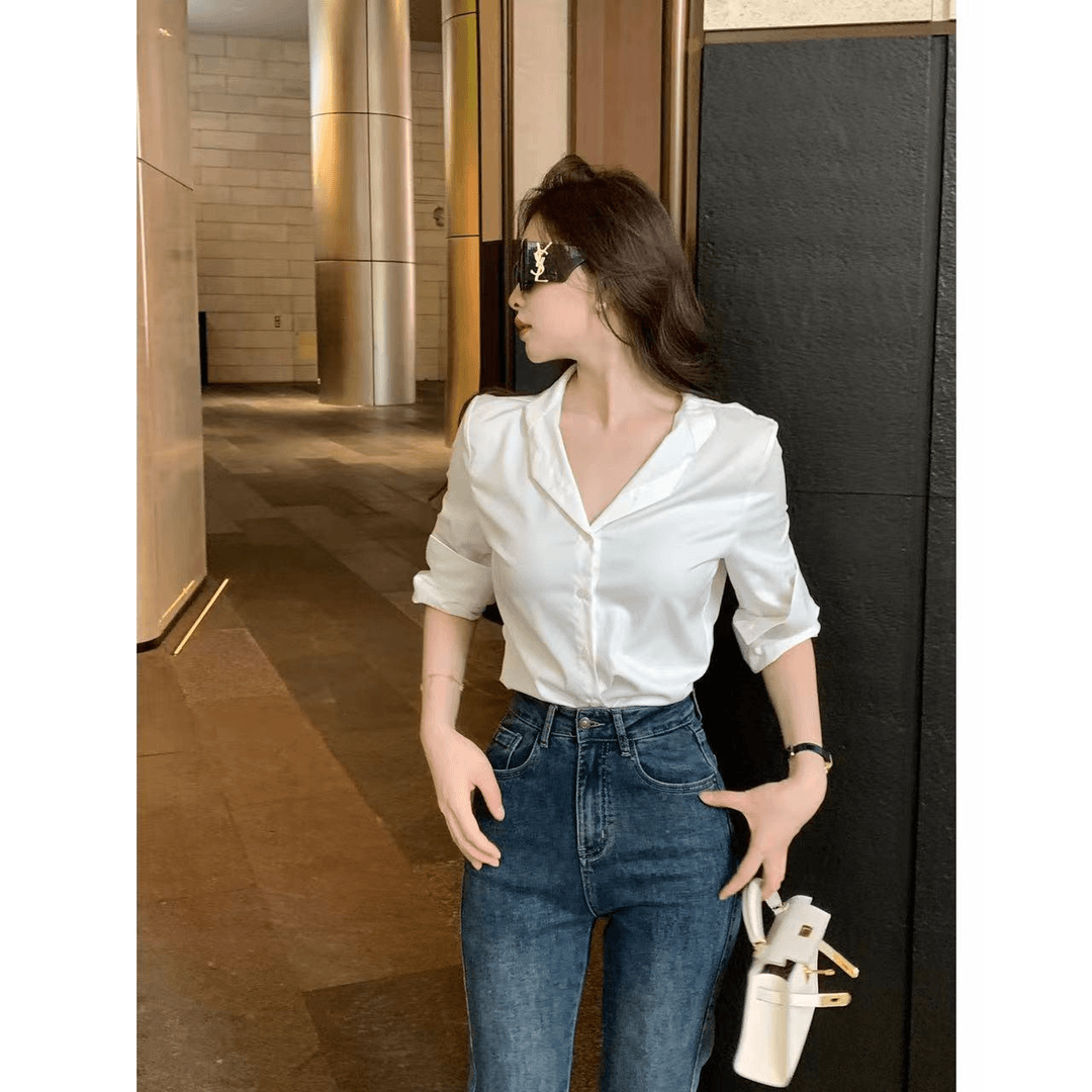 韩系V领白色长袖衬衫女早春2025新款设计感小众洋气气质显瘦上衣