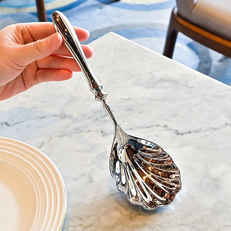 【高级定制】18-10不锈钢厚料家用餐厅贝壳形状大汤壳葫芦柄贝壳勺