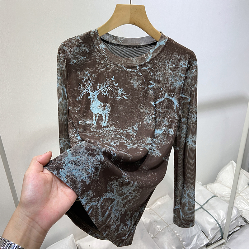 9041#新款女装圆领网纱时尚百搭洋气显瘦显白休闲T恤减龄长袖小衫