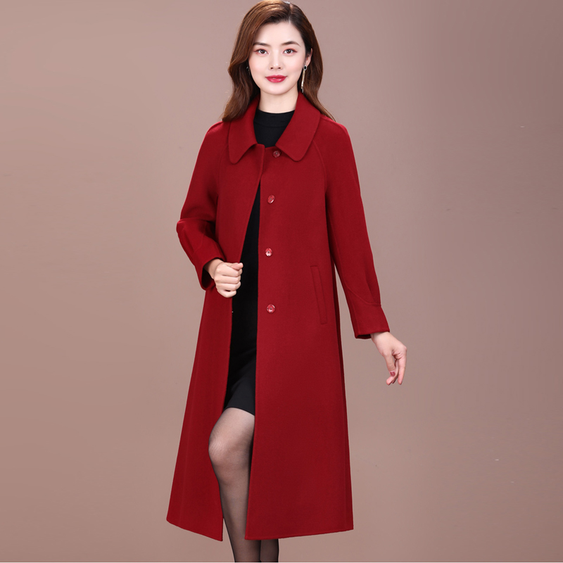 喜婆婆喜妈妈装双面呢羊毛大衣中长款过膝女气质羊毛外套秋冬装