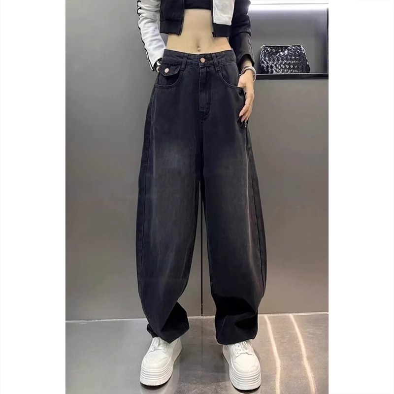 艾塔莉阔腿哈伦美式复古牛仔裤子女秋冬款加绒加厚大码弯刀老爹裤