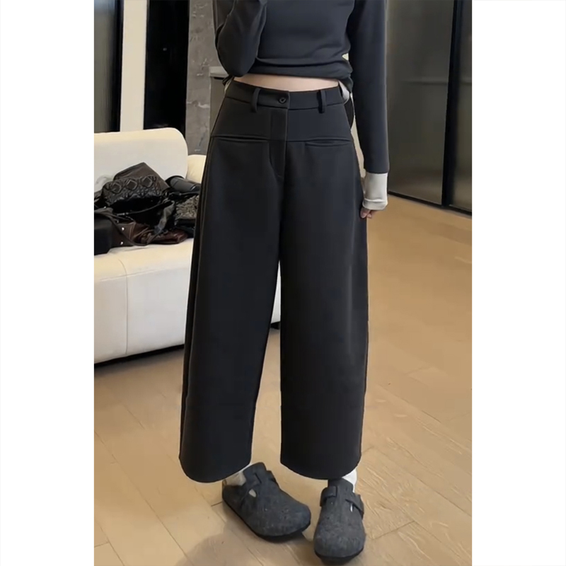 艾塔莉毛呢子加厚阔腿休闲裤女秋冬新款显瘦胖mm九分萝卜裤小个子