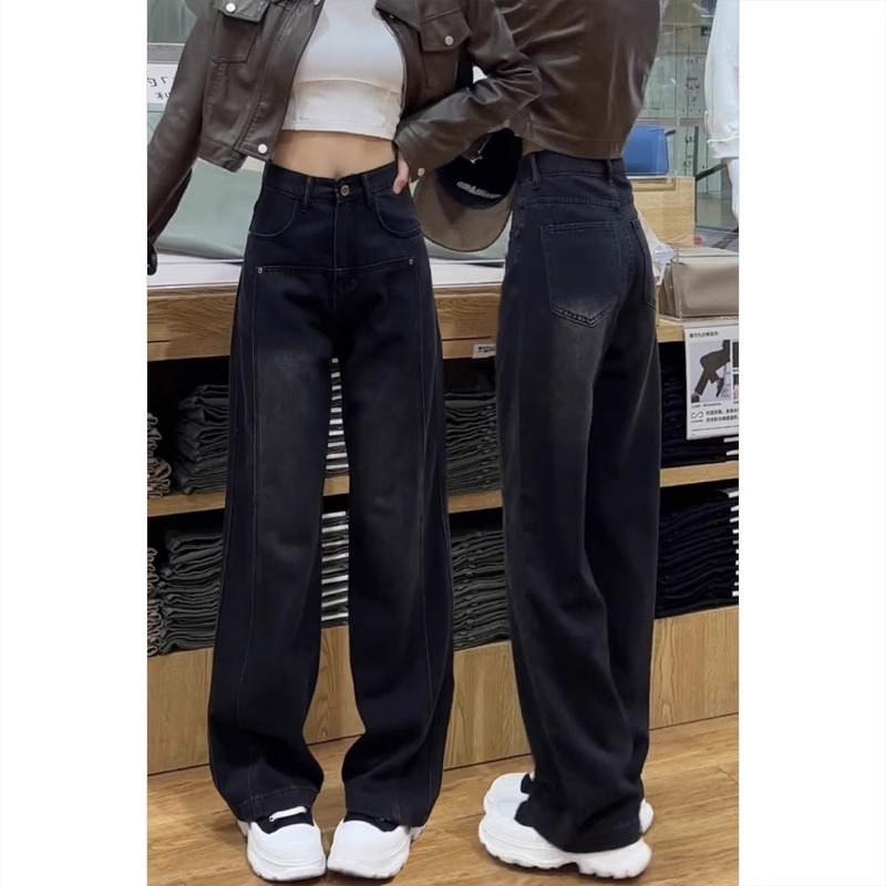 艾塔莉加绒加厚黑色阔腿牛仔裤女秋冬梨形身材大码直筒裤小个子