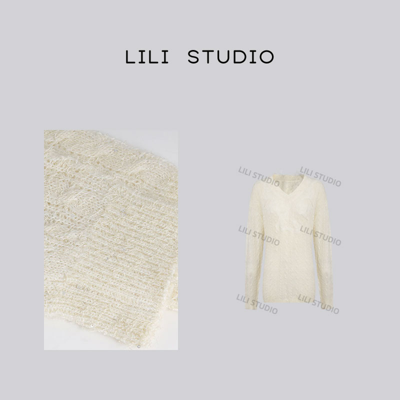 PCNY「初恋旋律」不理理冬季新款女装宽松法式蕾丝拼接毛衣女