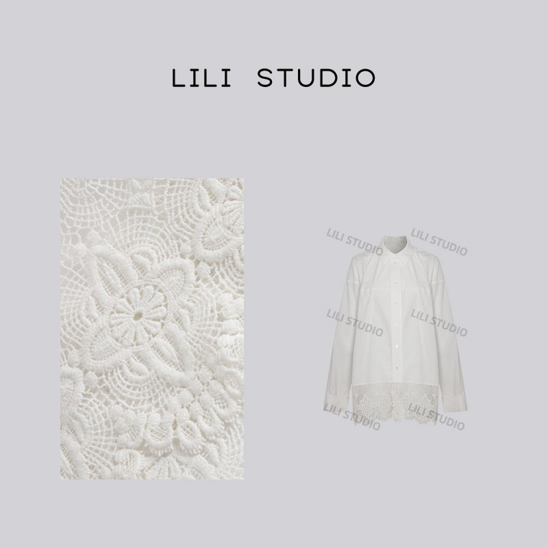 PCNY「白色花丛」不理理冬季新款女装休闲蕾丝下摆衬衫女