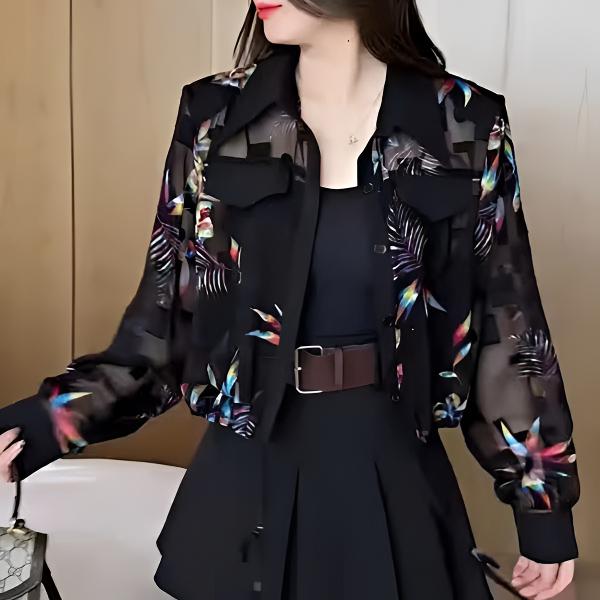 夏款防晒衬衫翻领百搭2025新款时尚花色气质减龄宽松休闲长袖女装