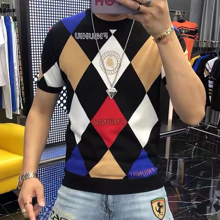 欧版烫钻重工艺时尚透气冰凉短袖t恤男士上衣轻奢高品质夏季圆领