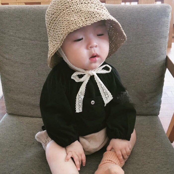 ins爆款夏款儿童草帽韩国宝宝遮阳帽防晒帽沙滩蕾丝渔夫帽子亲子