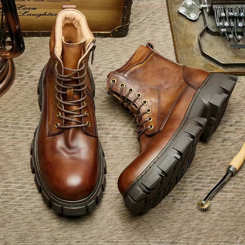 断码清仓T05冬季皮鞋马丁靴男高帮英伦风复古真皮厚底短靴软皮