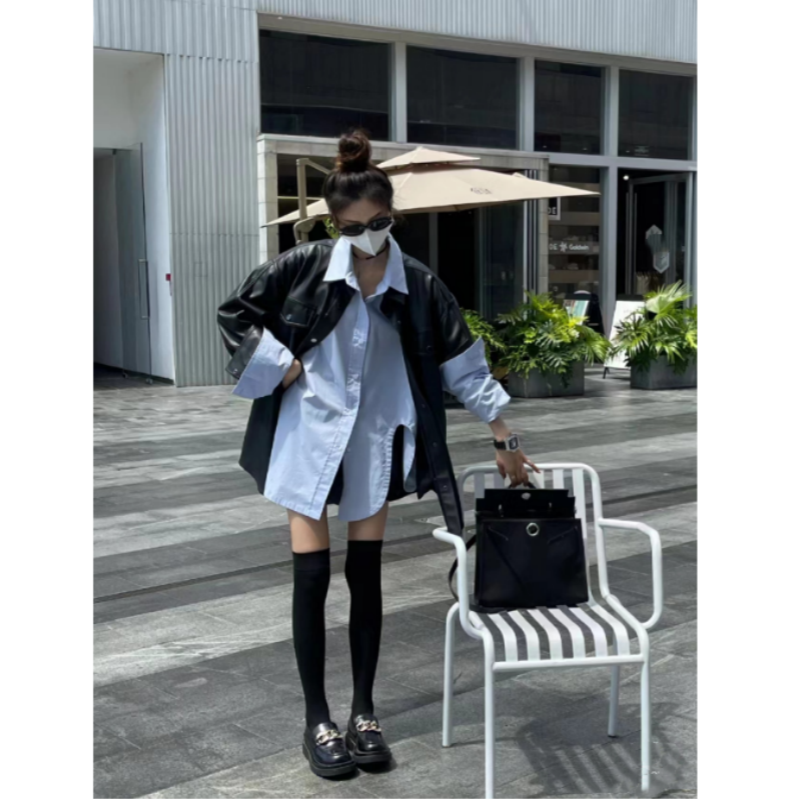 秋冬PU皮黑色外套+设计感蓝色气质衬衣春秋高级感叠穿两件套女