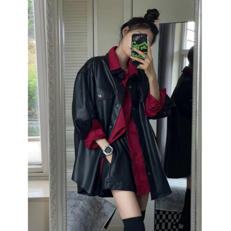 春秋新款PU黑色皮衣外套+红色衬衣设计感高级叠穿两件套时尚女装