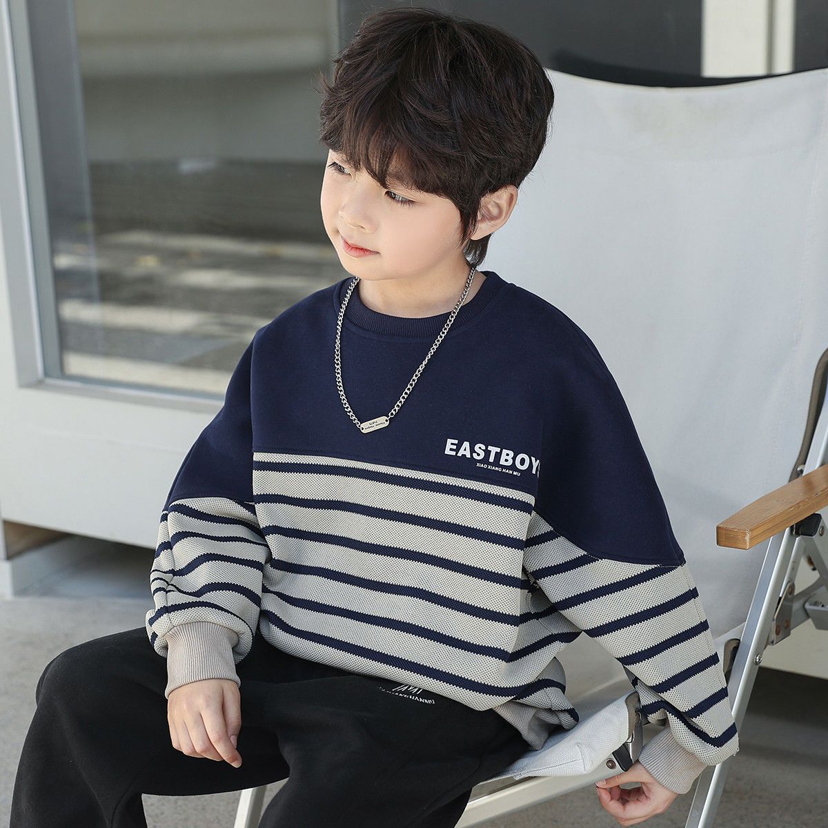 【加绒/不加绒】童装男童新款中大童套头条纹卫衣儿童上衣舒适潮帅