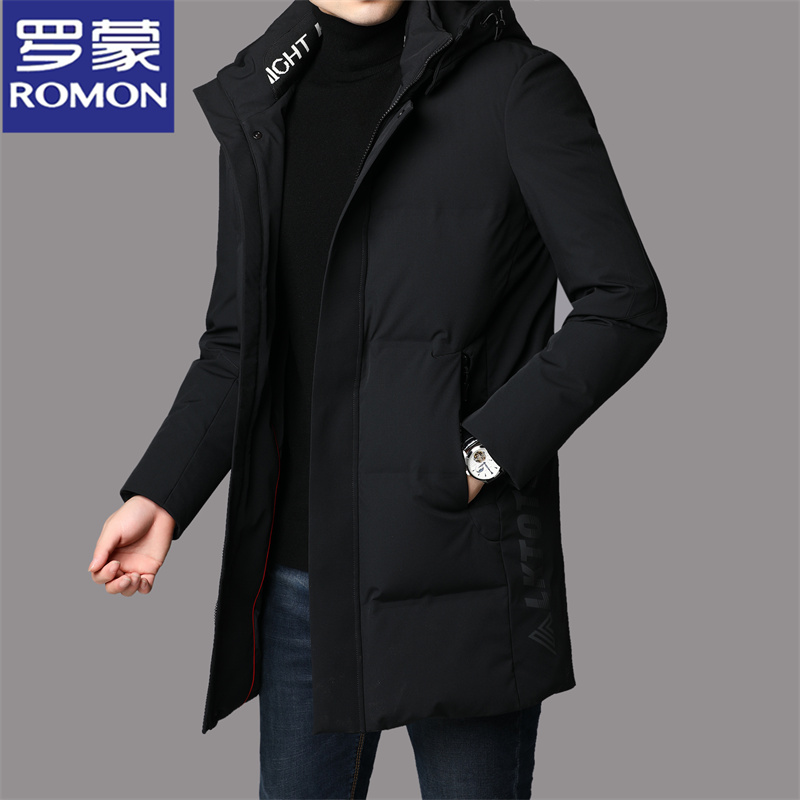 罗蒙男士中长款羽绒服冬季加厚保暖白鸭绒休闲连帽防寒外套男装潮