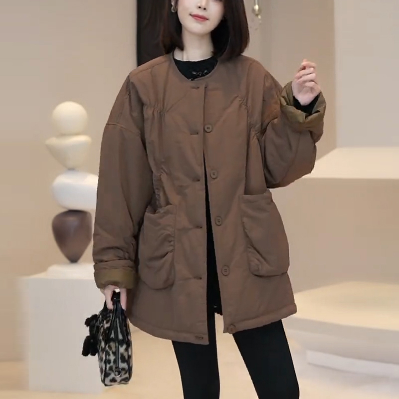 冬季设计感休闲百搭圆领中长款夹棉外套棉衣女大码宽松保暖棉服潮