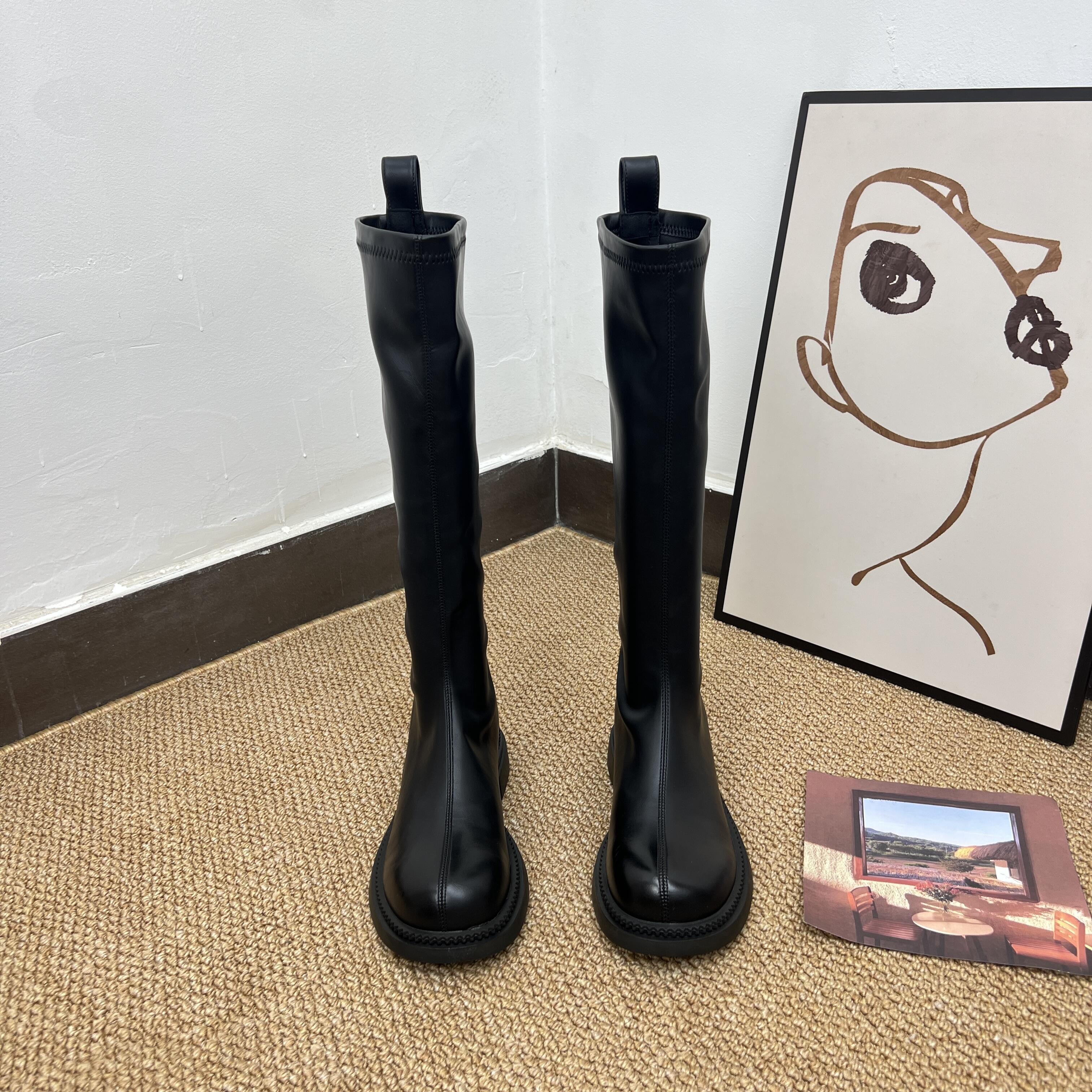 新款胖瘦两穿长筒靴2cm平底休闲舒适百搭时装靴平口不过膝女筒靴